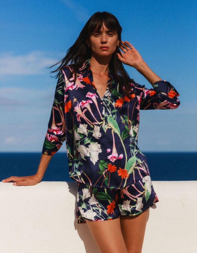 Daria French Cuff Silk Blouse Midnight Bloom