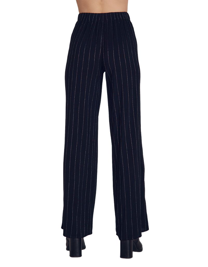 Elastic Back Wide Leg Pant Black Lurex Stripes