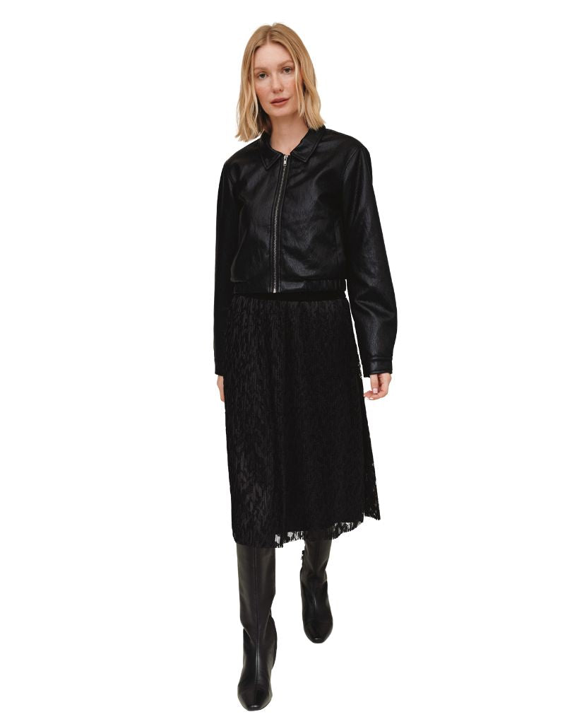 Pleated Lace Skirt With Velvet Waistband Black
