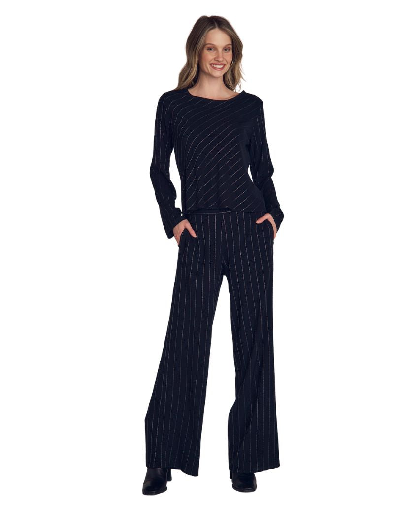 Elastic Back Wide Leg Pant Black Lurex Stripes