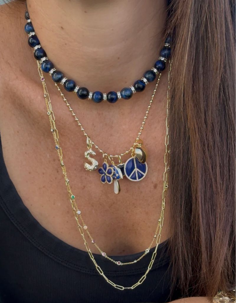 The Tiger Eye Luxe Bead Necklace Gold Blue