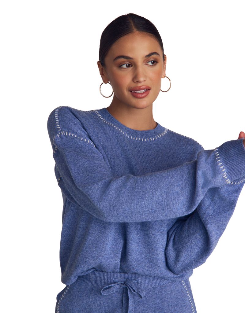 Whip Stitched Crew Neck Sweater Heather Blue