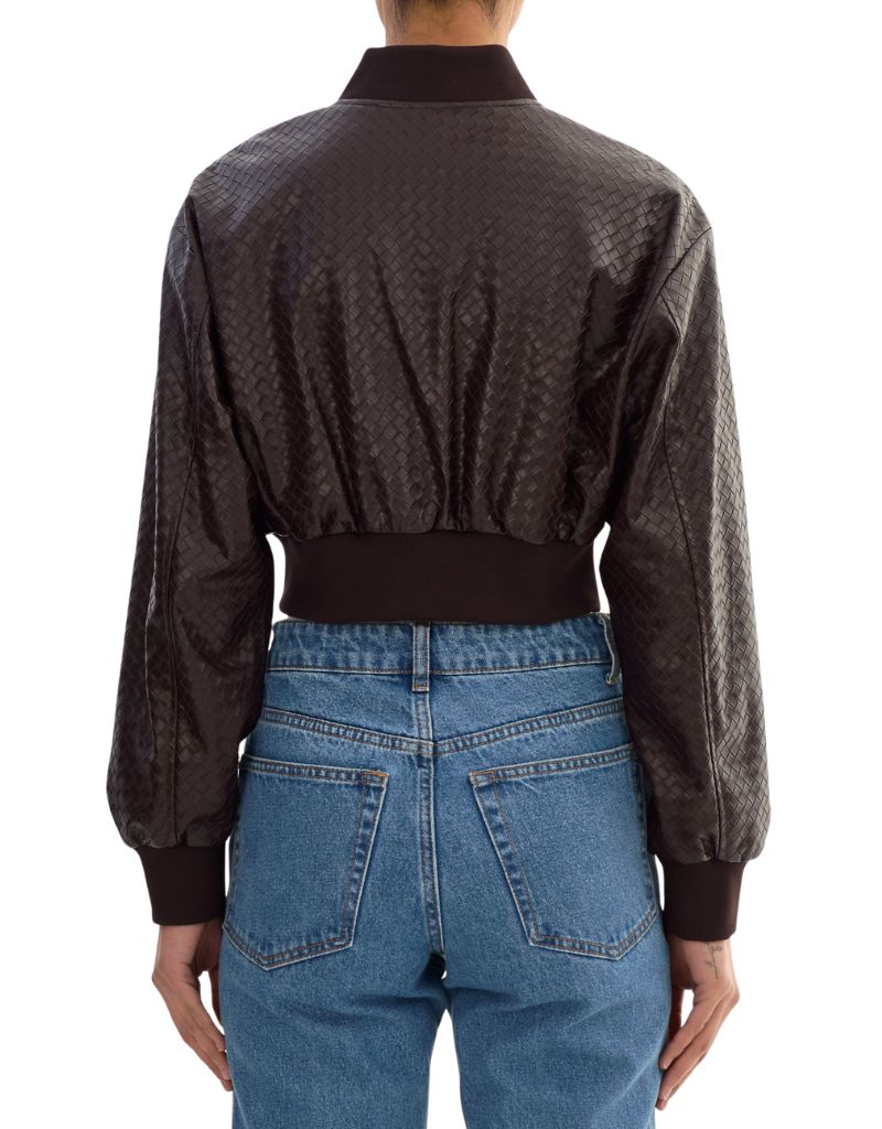 Evelin W Faux Leather Embossed Basket Weave Jacket Dark Brown