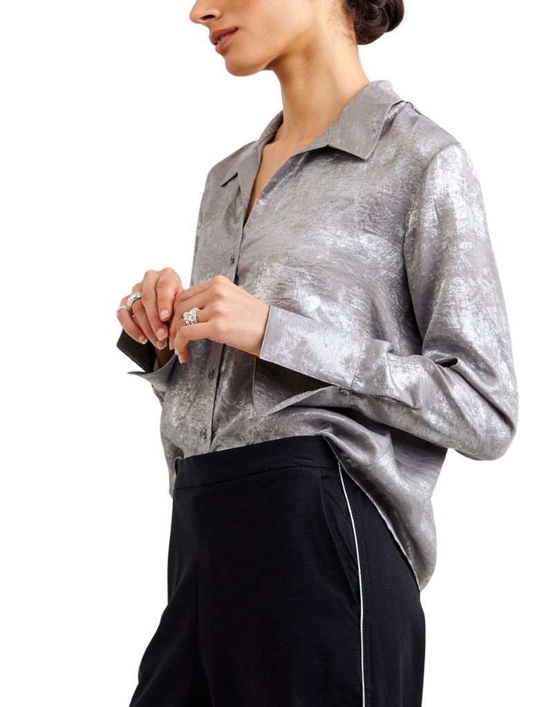 Flowy Wide Collar Button Down Silver Distress Foil