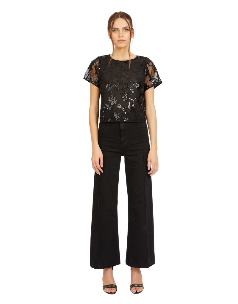 Carmen Top in Black Sequin Lace