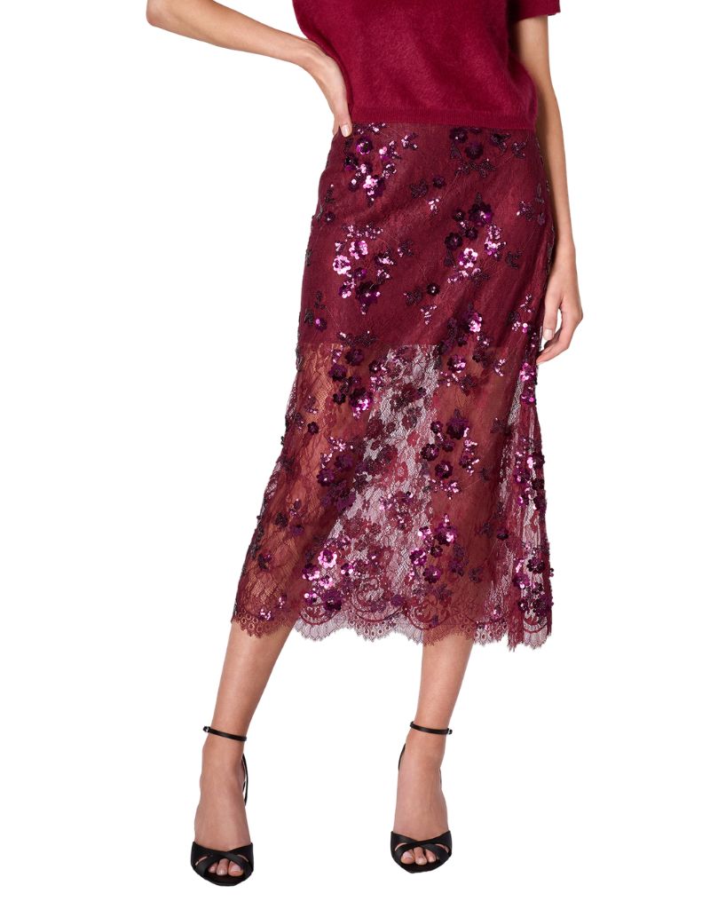 Aylin Sequin Lace Midi Skirt Syrah