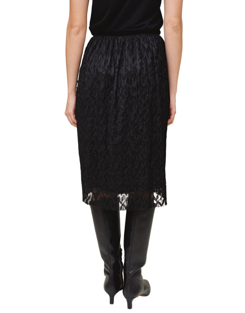Pleated Lace Skirt With Velvet Waistband Black