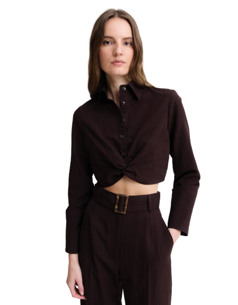 Twist Button Up Chocolate Brown Stripe Viscose F26