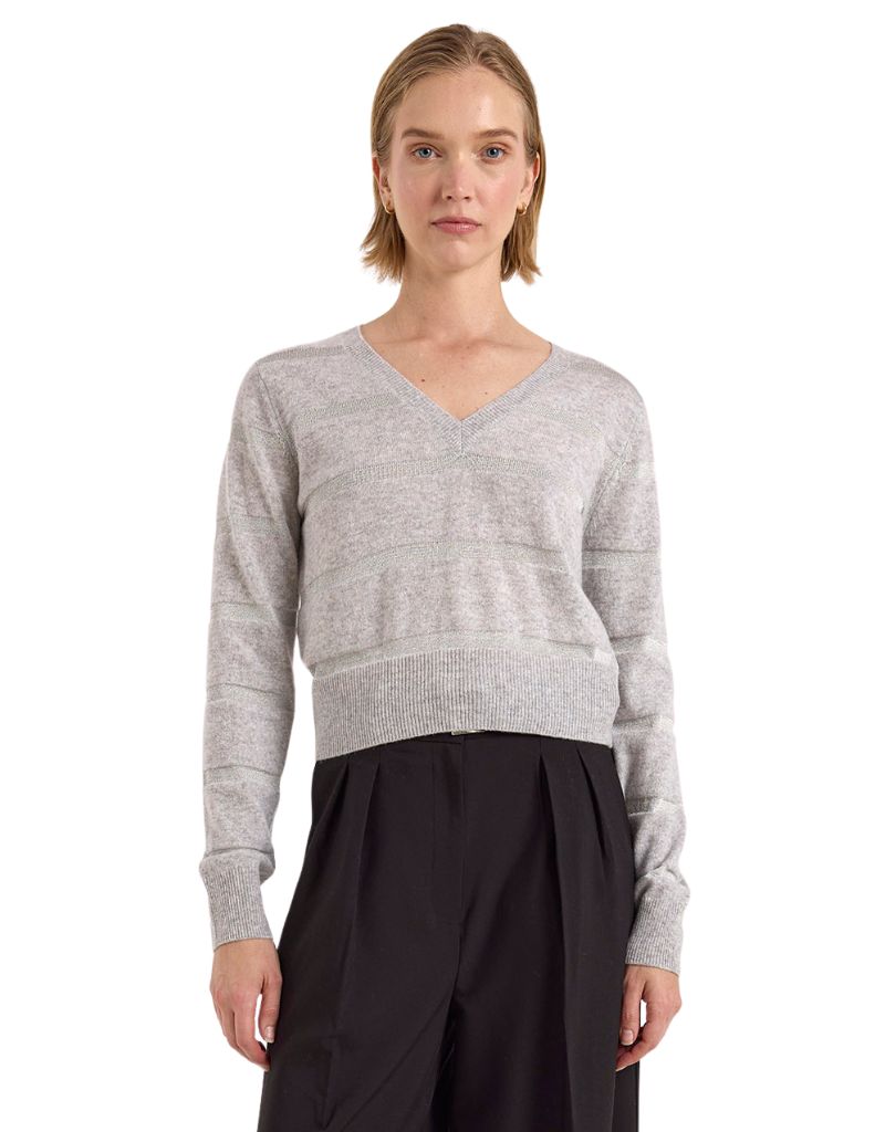 Simone Lurex Stripe V Neck Super Grey SIlver