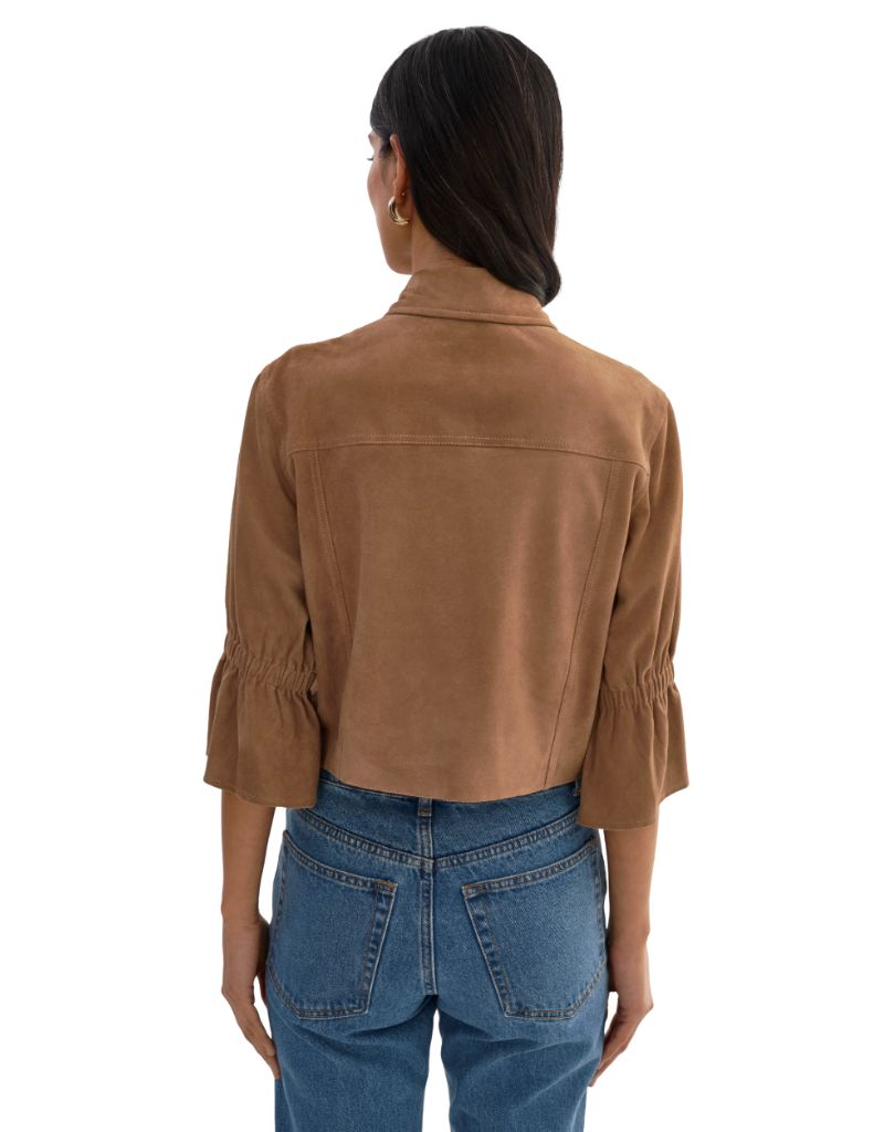 Carolina S Suede Ruffle Sleeve Jacket Latte