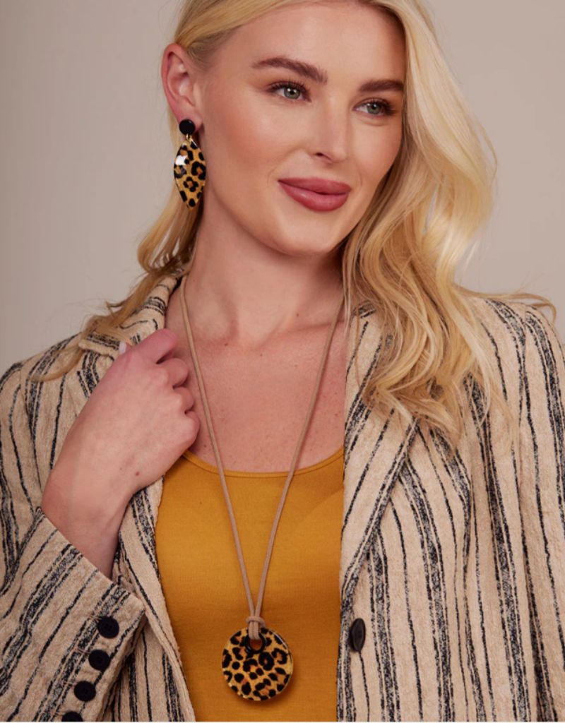 N3007 Leopard Brown Adjustable Disc Pendant Long Necklace