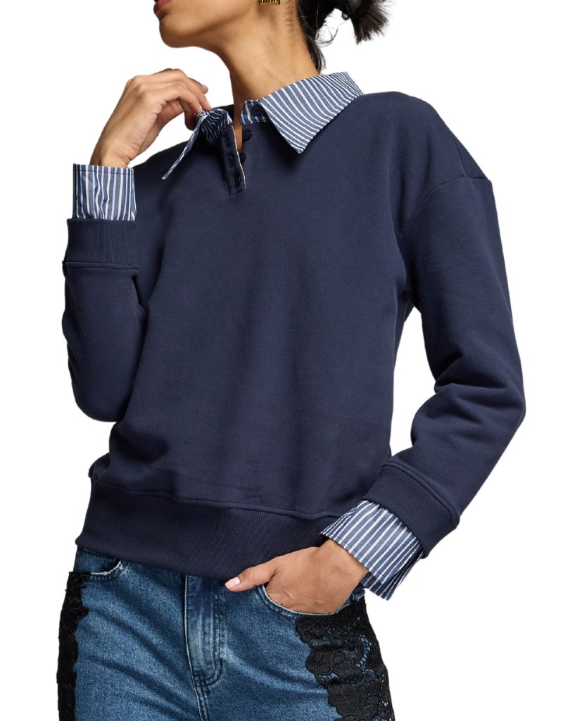 Hallie Poplin Shirt Combo Sweatshirt Midnight Navy Stripe F26