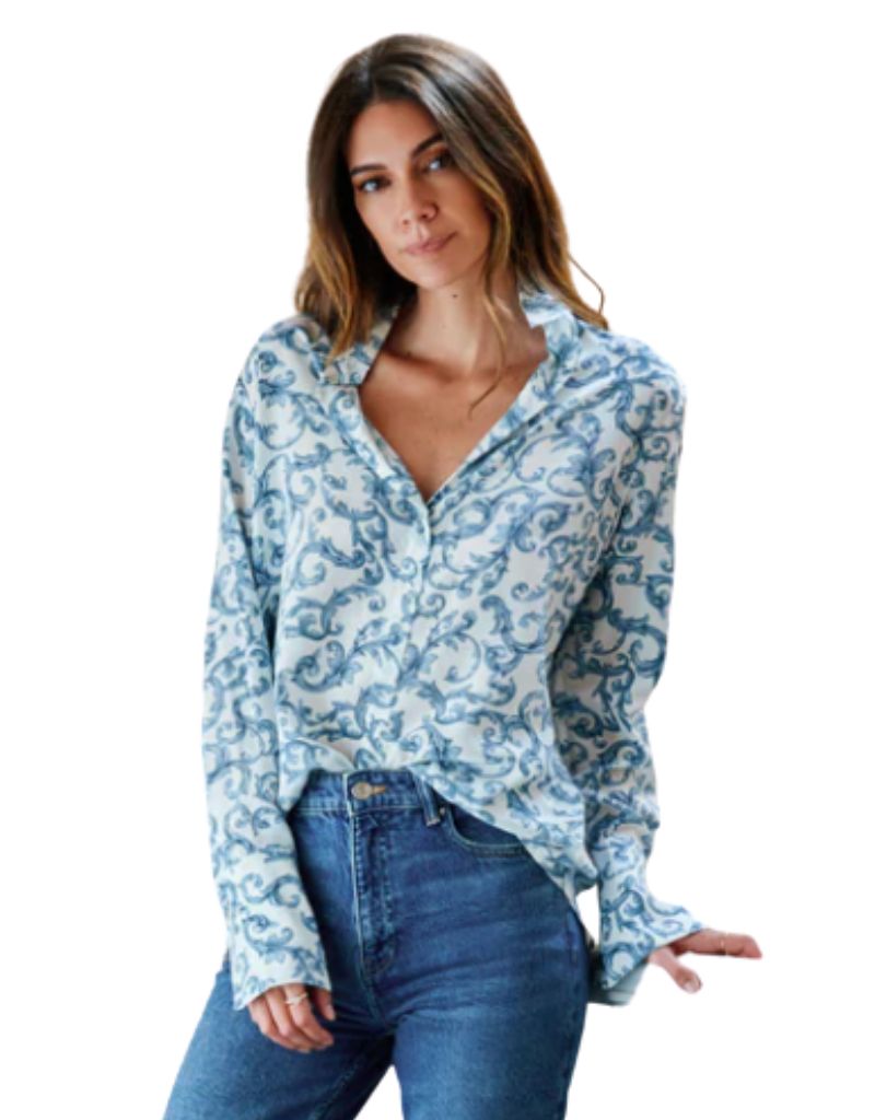 Daria French Cuff Silk Blouse Azulejo