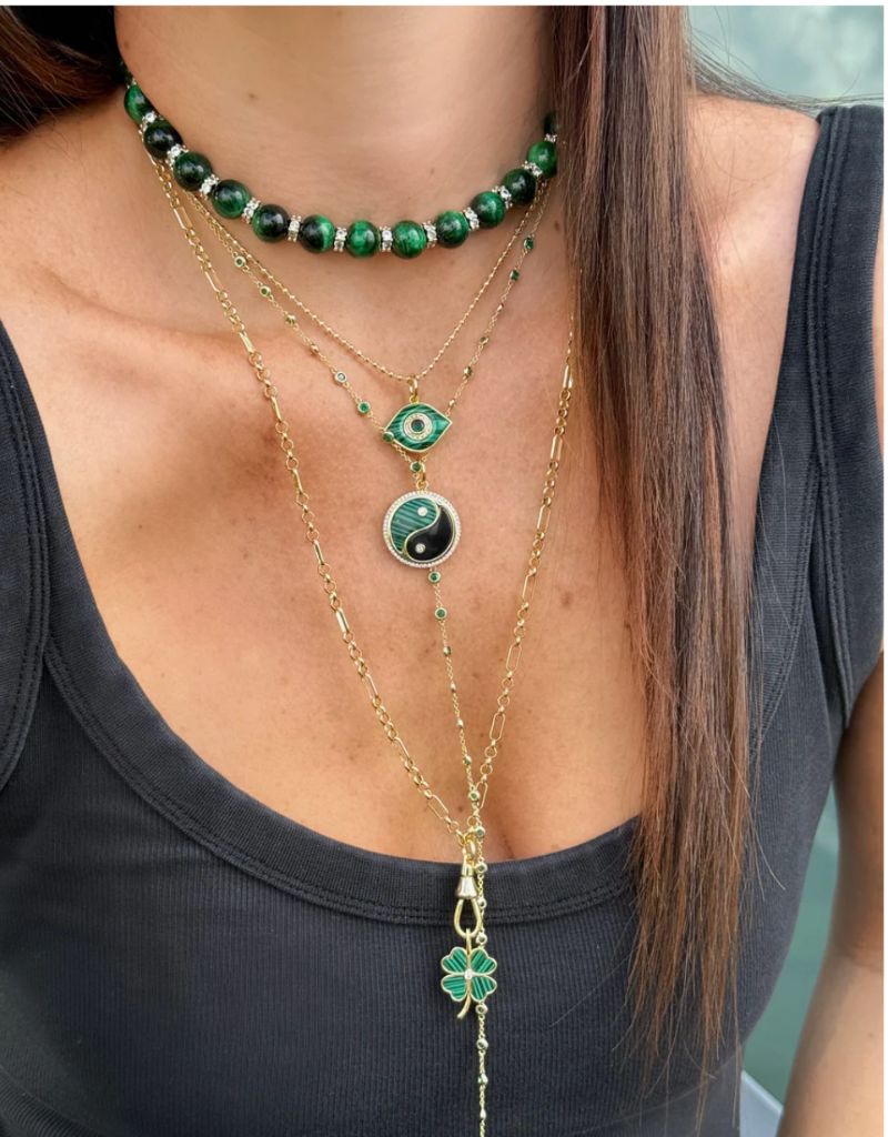 The Tiger Eye Luxe Bead Necklace Gold Green
