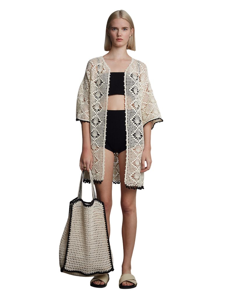Vera Crochet Tote Bag Ivory with Black Tipping