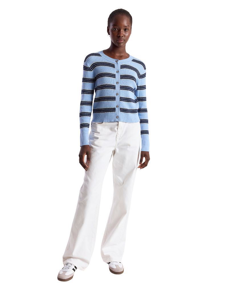 Brodie | Wispr Stripe Rib Cardigan Skyline Navy Silver Lurex | I