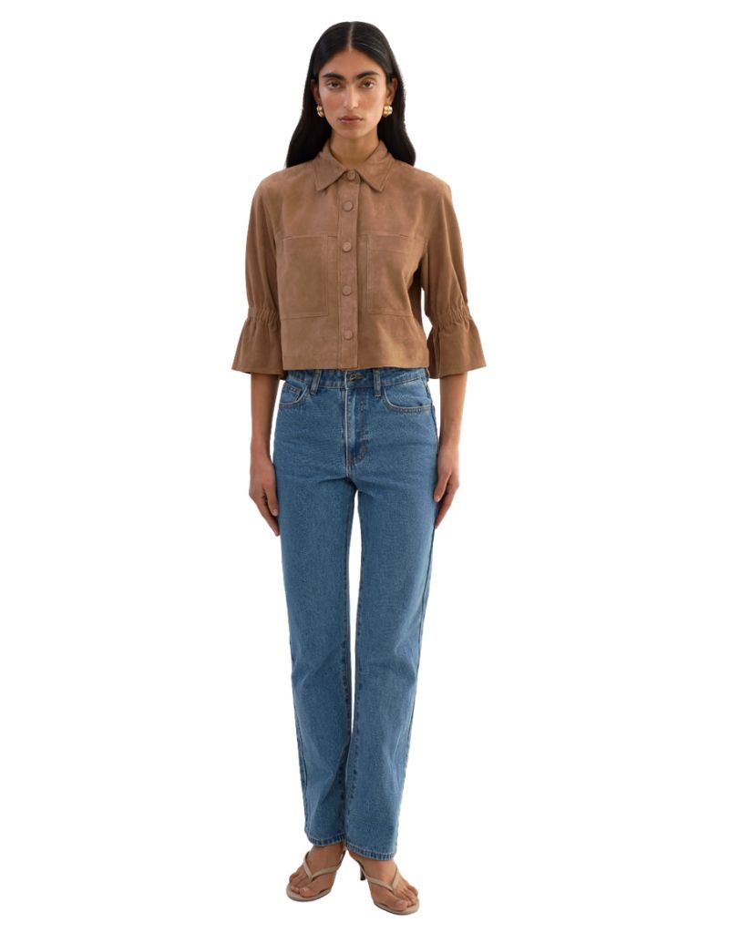 Carolina S Suede Ruffle Sleeve Jacket Latte