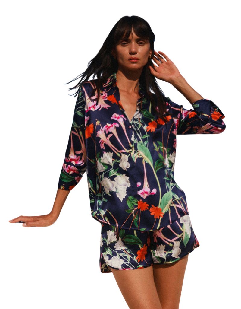 Daria French Cuff Silk Blouse Midnight Bloom