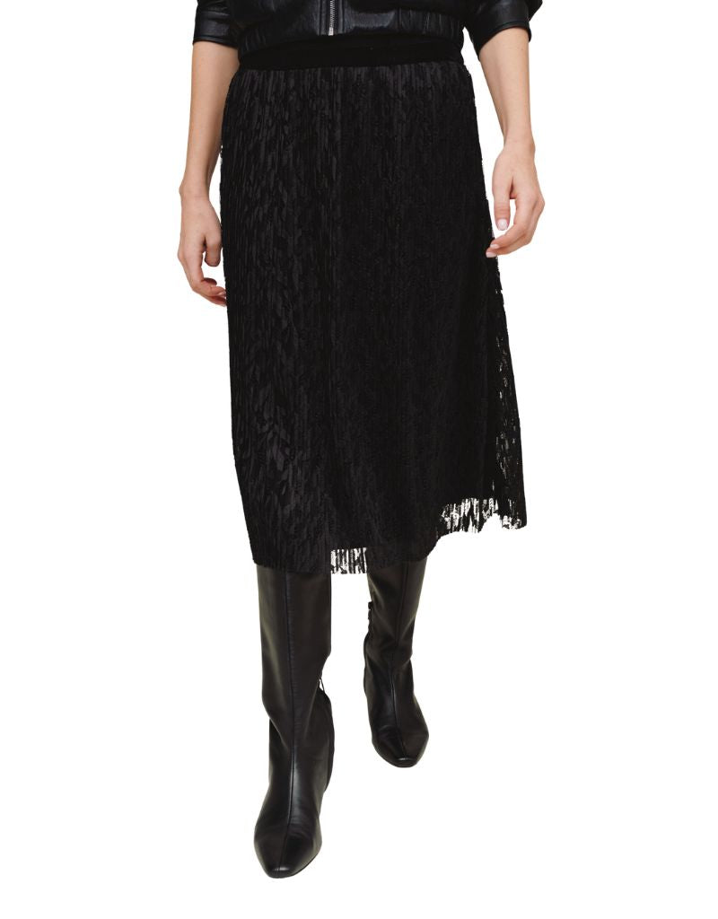 Pleated Lace Skirt With Velvet Waistband Black