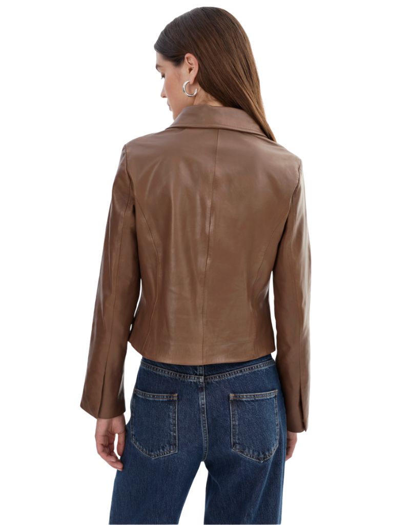 Sally Leather Biker Jacket Tan Heather Grey