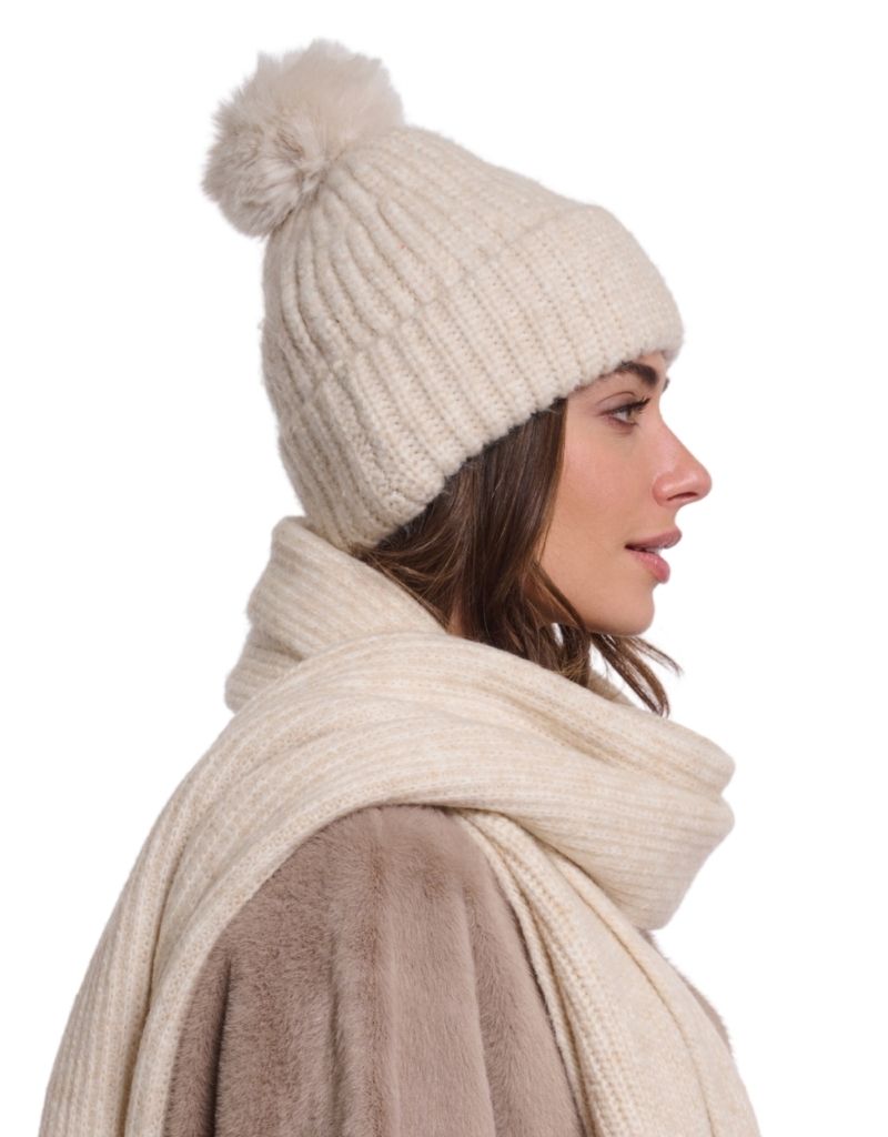 Nancy Beanie with Pom Pom and Fleece Birch Blend