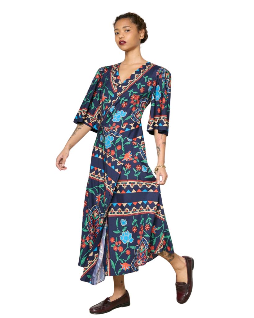 Surplice Dress Indigo Floral Scarf