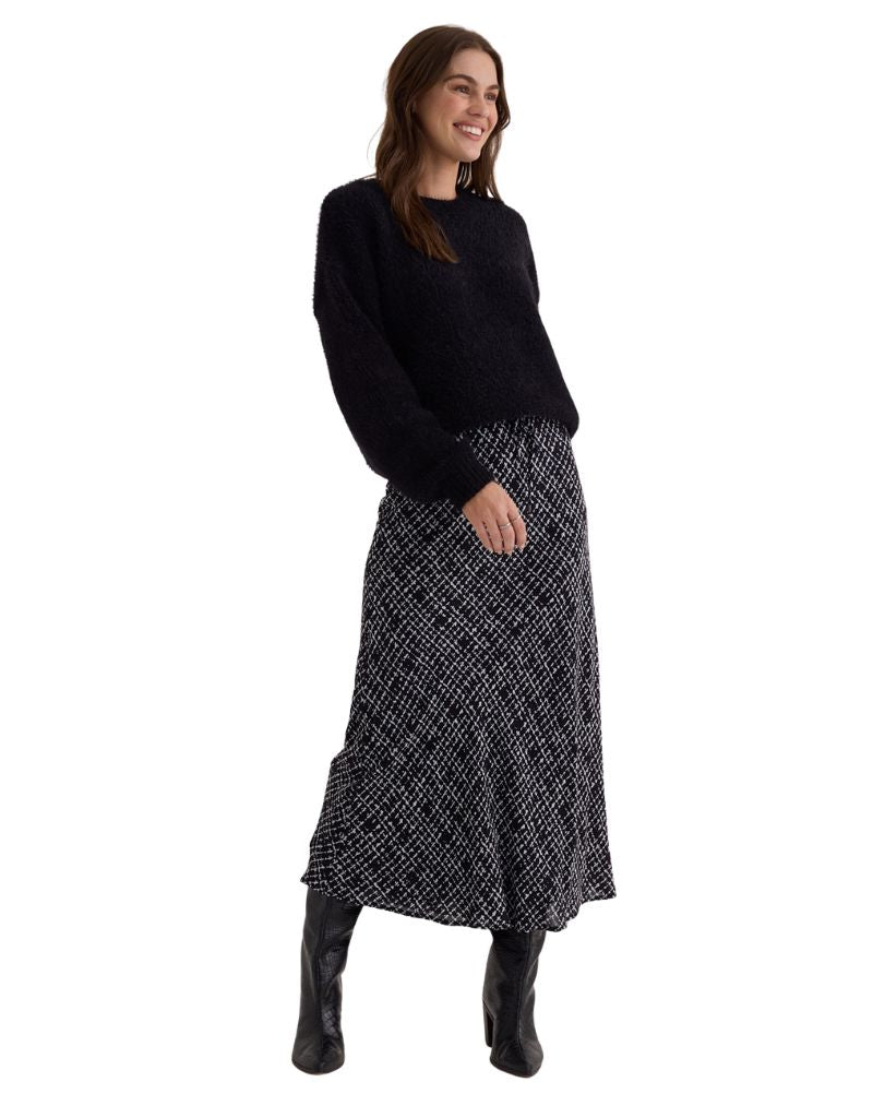 Bias Skirt with Tie Grid Print