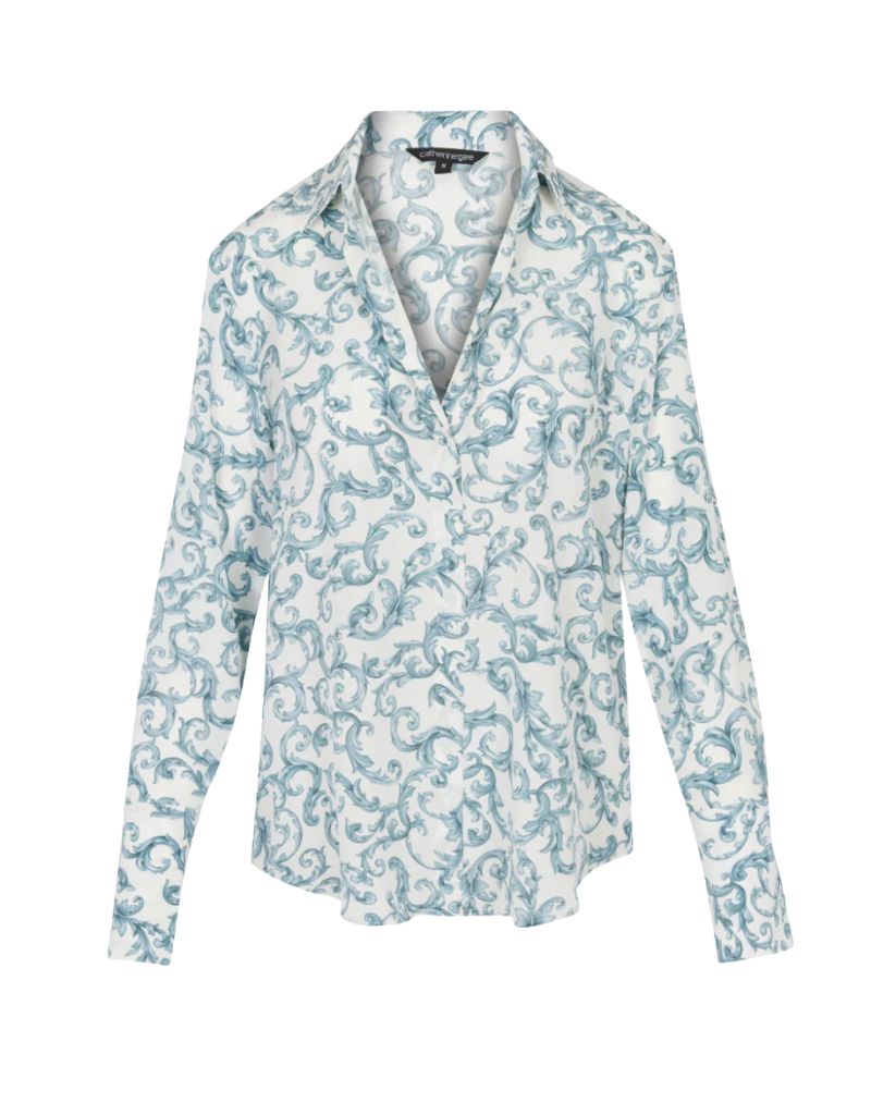 Daria French Cuff Silk Blouse Azulejo