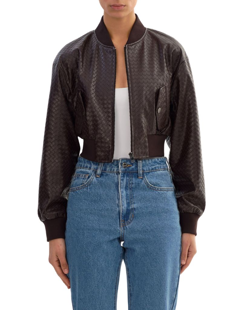 Evelin W Faux Leather Embossed Basket Weave Jacket Dark Brown