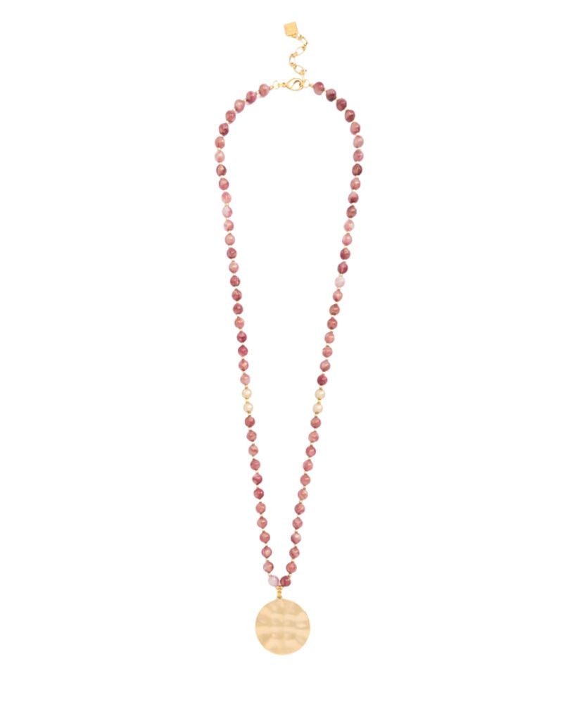 N2742 Berry Iridescent Beaded Medallion Long Necklace