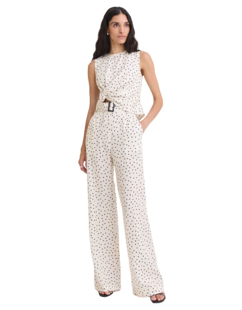 Matthew Bruch | Belted Wide Leg Trouser Cream with Black Polka Dot